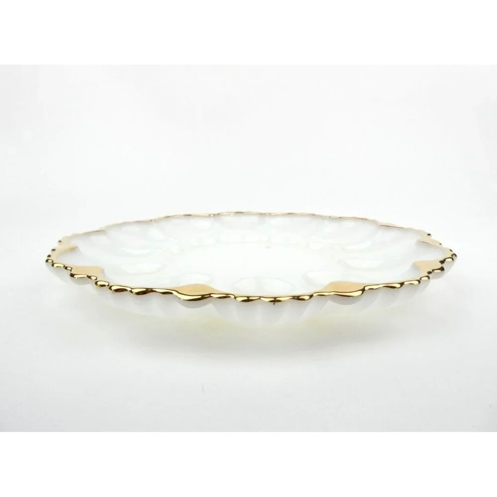 Vintage‎ Anchor Hocking Milk Glass Deviled Egg Plate With Gold Trim